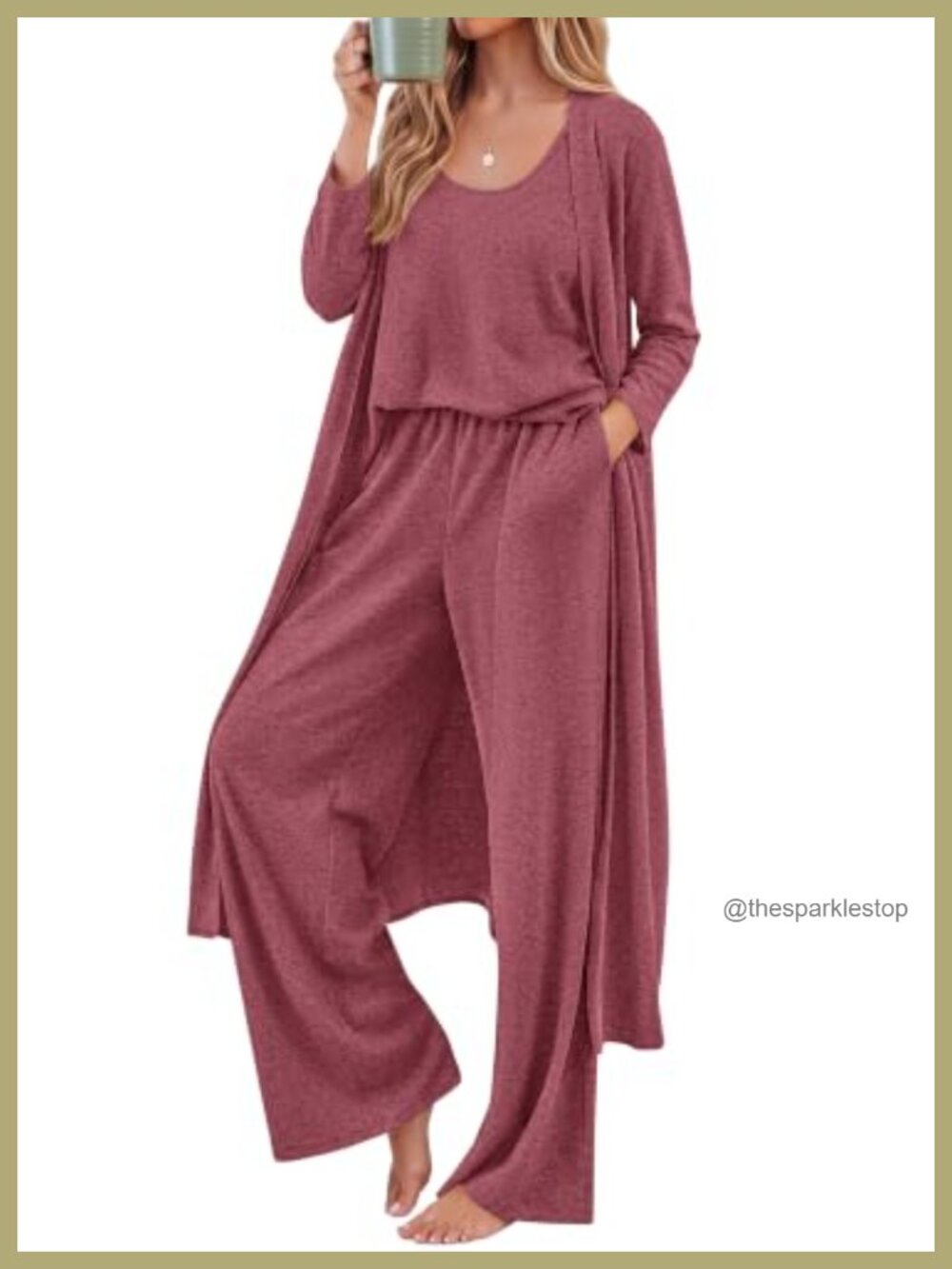3 Piece Lounge Set Long Cardigan Tank Top Wide Leg Pants Travel Outfit